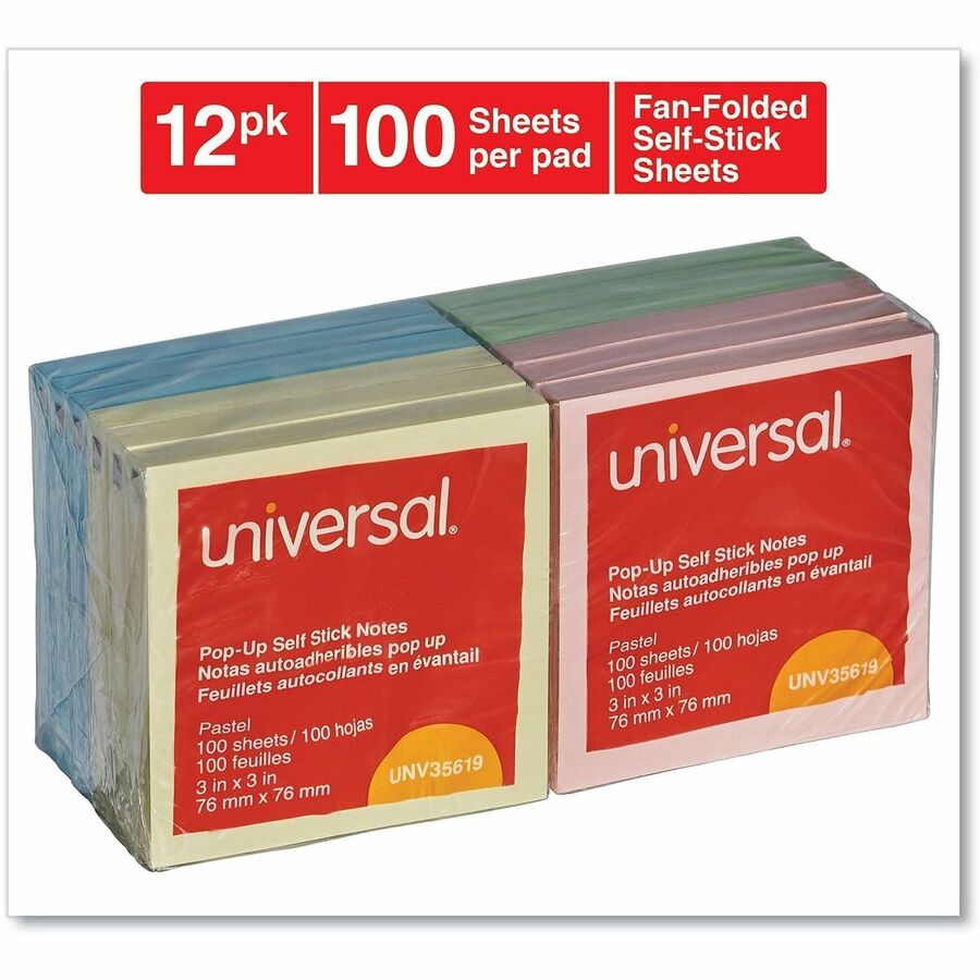 Universal Note Pad - 100 x Assorted Pastel - Square - 100 Sheets per Pad - Pastel Assorted - Self-stick, Residue-free, Fanfold, Pop-up, Repositionable, Adhesive - 12 / Pack