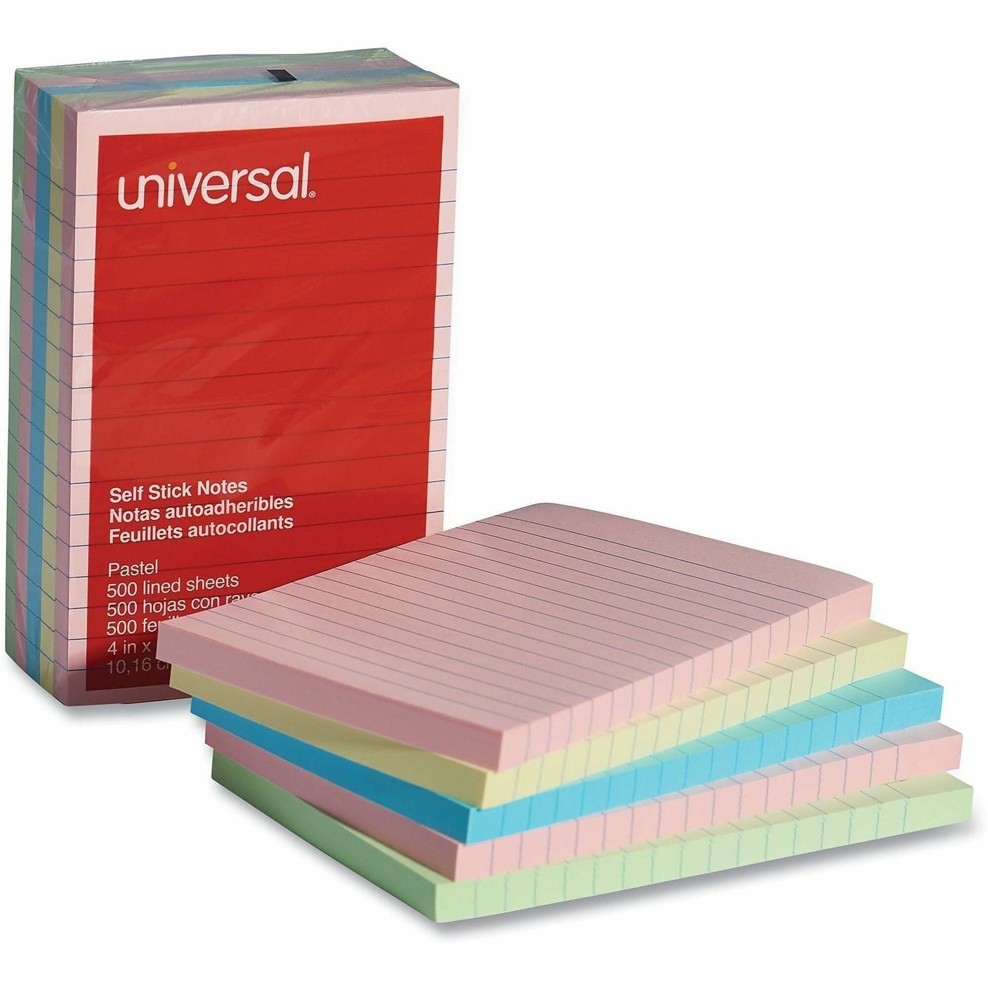 Universal Note Pad - 100 x Assorted Pastel - Rectangle - 100 Sheets per Pad - Ruled - Assorted Pastel - Self-stick, Residue-free - 5 / Pack