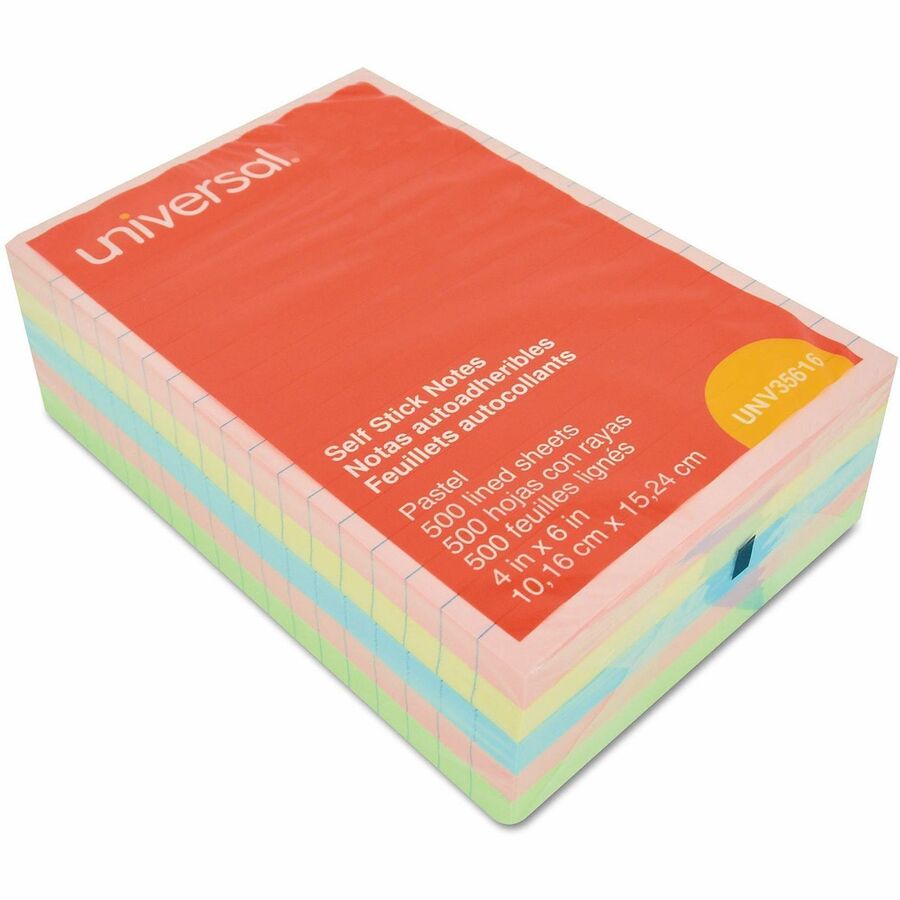 Universal Note Pad - 100 x Assorted Pastel - Rectangle - 100 Sheets per Pad - Ruled - Assorted Pastel - Self-stick, Residue-free - 5 / Pack