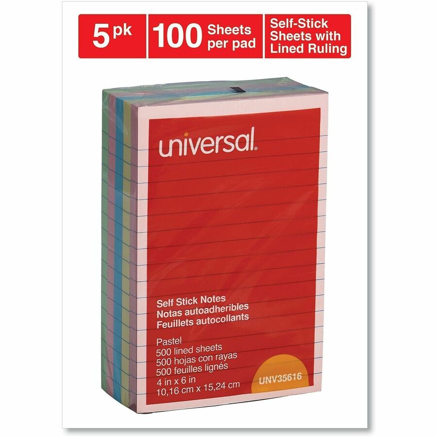 Universal Note Pad - 100 x Assorted Pastel - Rectangle - 100 Sheets per Pad - Ruled - Assorted Pastel - Self-stick, Residue-free - 5 / Pack