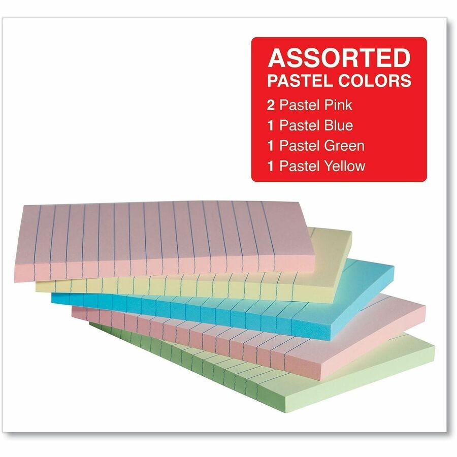 Universal Note Pad - 100 x Assorted Pastel - Rectangle - 100 Sheets per Pad - Ruled - Assorted Pastel - Self-stick, Residue-free - 5 / Pack