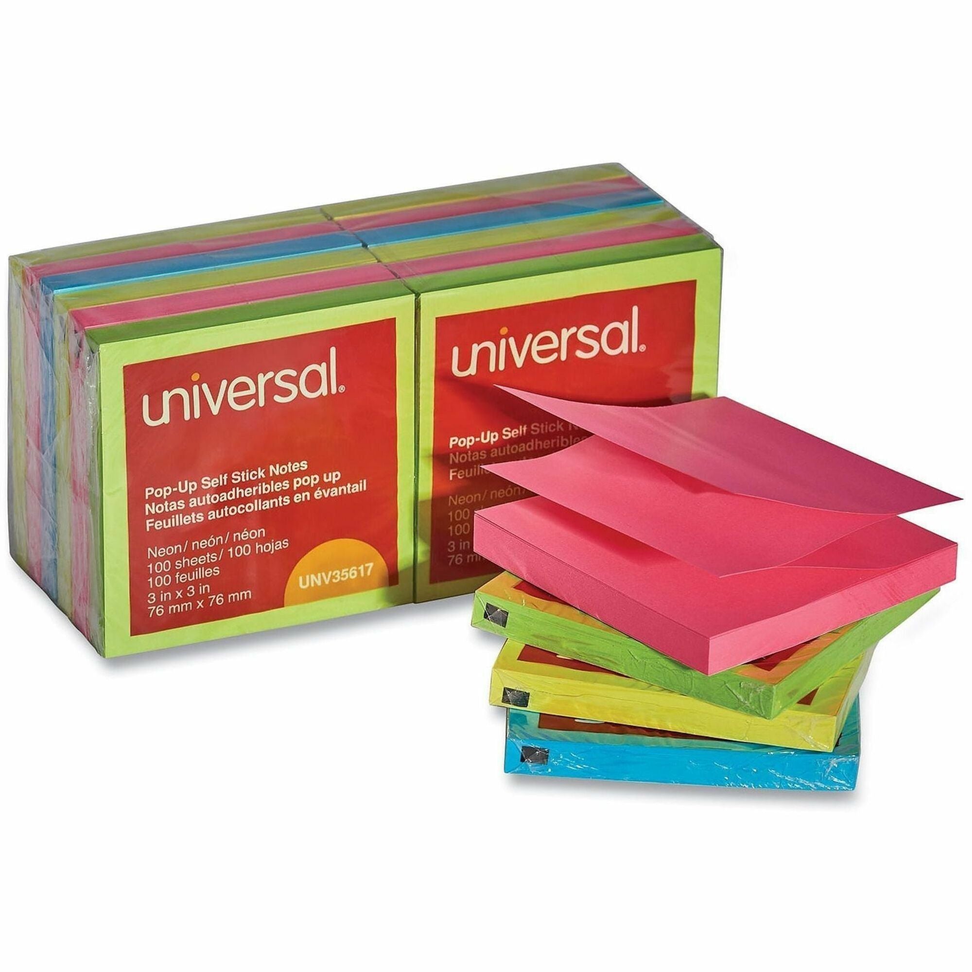 Universal Note Pad - 100 x Assorted Neon - Square - 100 Sheets per Pad - Neon Assorted - Self-stick, Residue-free, Fanfold, Pop-up, Repositionable, Adhesive - 12 / Pack