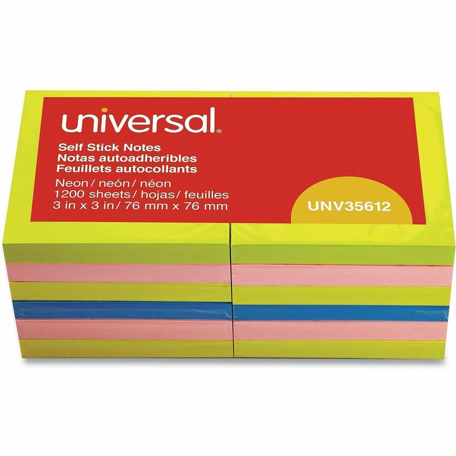 Universal Note Pad - 100 x Assorted Neon - Square - 100 Sheets per Pad - Neon Assorted - Self-stick, Residue-free, Fanfold, Pop-up, Repositionable, Adhesive - 12 / Pack
