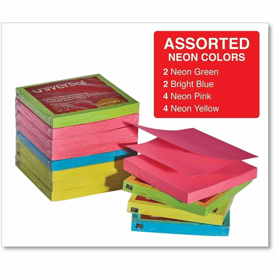 Universal Note Pad - 100 x Assorted Neon - Square - 100 Sheets per Pad - Neon Assorted - Self-stick, Residue-free, Fanfold, Pop-up, Repositionable, Adhesive - 12 / Pack