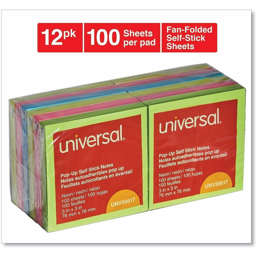 Universal Note Pad - 100 x Assorted Neon - Square - 100 Sheets per Pad - Neon Assorted - Self-stick, Residue-free, Fanfold, Pop-up, Repositionable, Adhesive - 12 / Pack