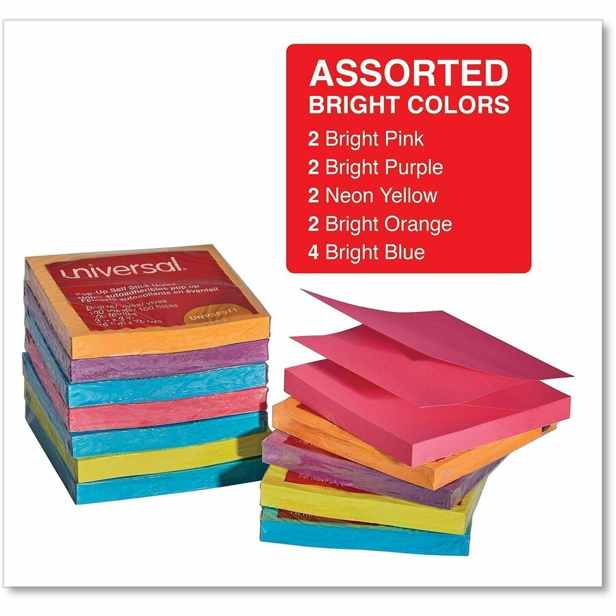 Universal Note Pad - 100 x Bright Assorted - Square - 100 Sheets per Pad - Assorted Bright - Self-stick, Residue-free, Fanfold, Pop-up, Repositionable, Adhesive - 12 / Pack