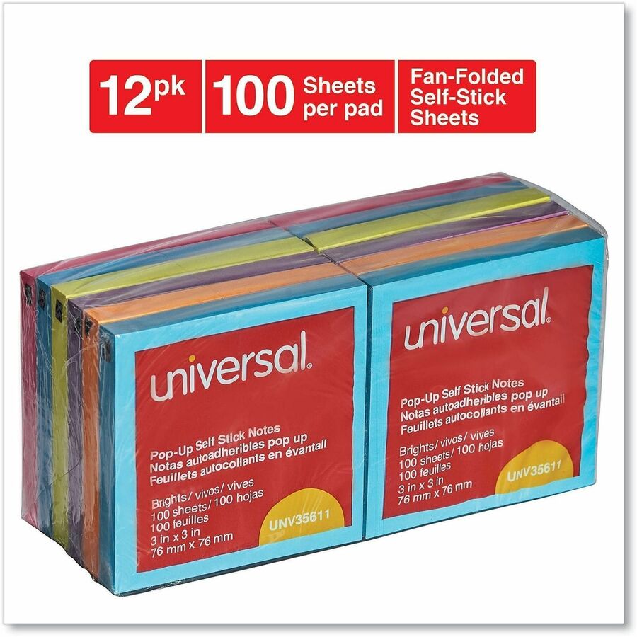 Universal Note Pad - 100 x Bright Assorted - Square - 100 Sheets per Pad - Assorted Bright - Self-stick, Residue-free, Fanfold, Pop-up, Repositionable, Adhesive - 12 / Pack