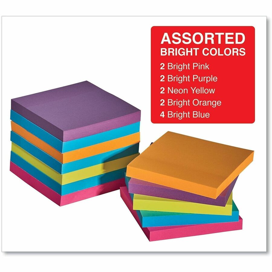 Universal Note Pad - 100 x Bright Assorted - Square - 100 Sheets per Pad - Assorted Bright - Self-stick, Residue-free - 12 / Pack