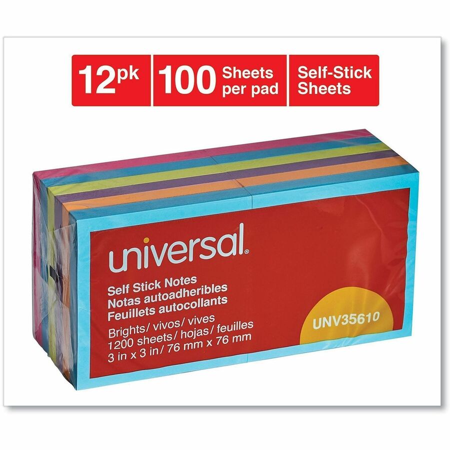 Universal Note Pad - 100 x Bright Assorted - Square - 100 Sheets per Pad - Assorted Bright - Self-stick, Residue-free - 12 / Pack