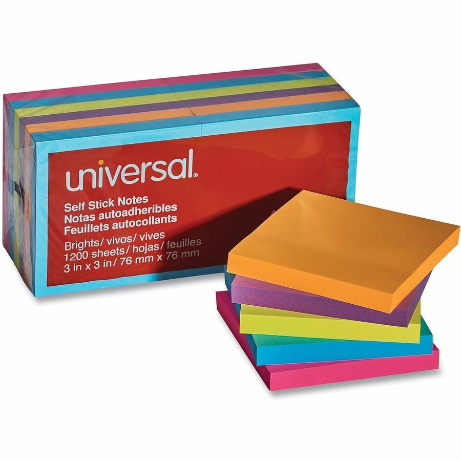 Universal Note Pad - 100 x Bright Assorted - Square - 100 Sheets per Pad - Assorted Bright - Self-stick, Residue-free - 12 / Pack