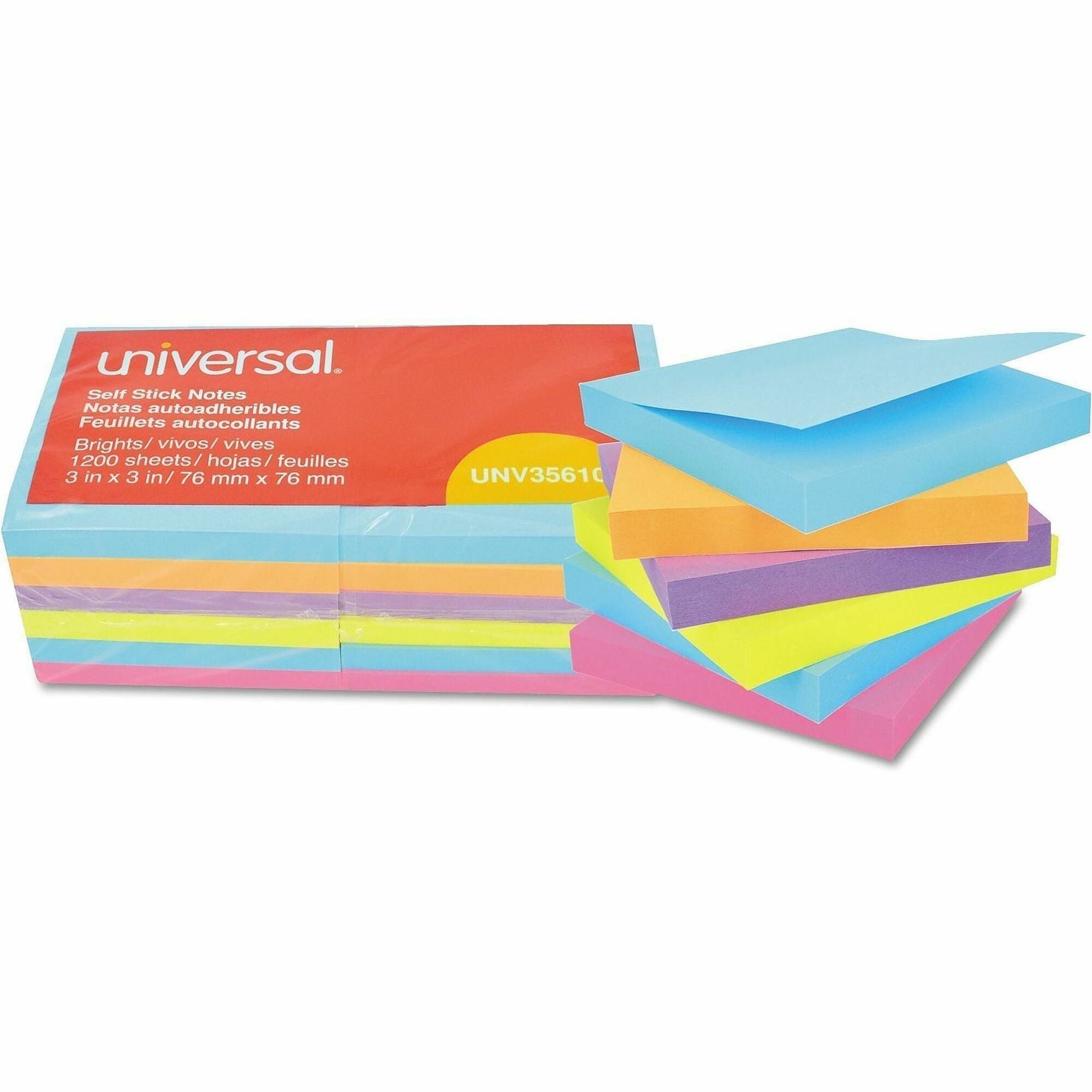Universal Note Pad - 100 x Bright Assorted - Square - 100 Sheets per Pad - Assorted Bright - Self-stick, Residue-free - 12 / Pack