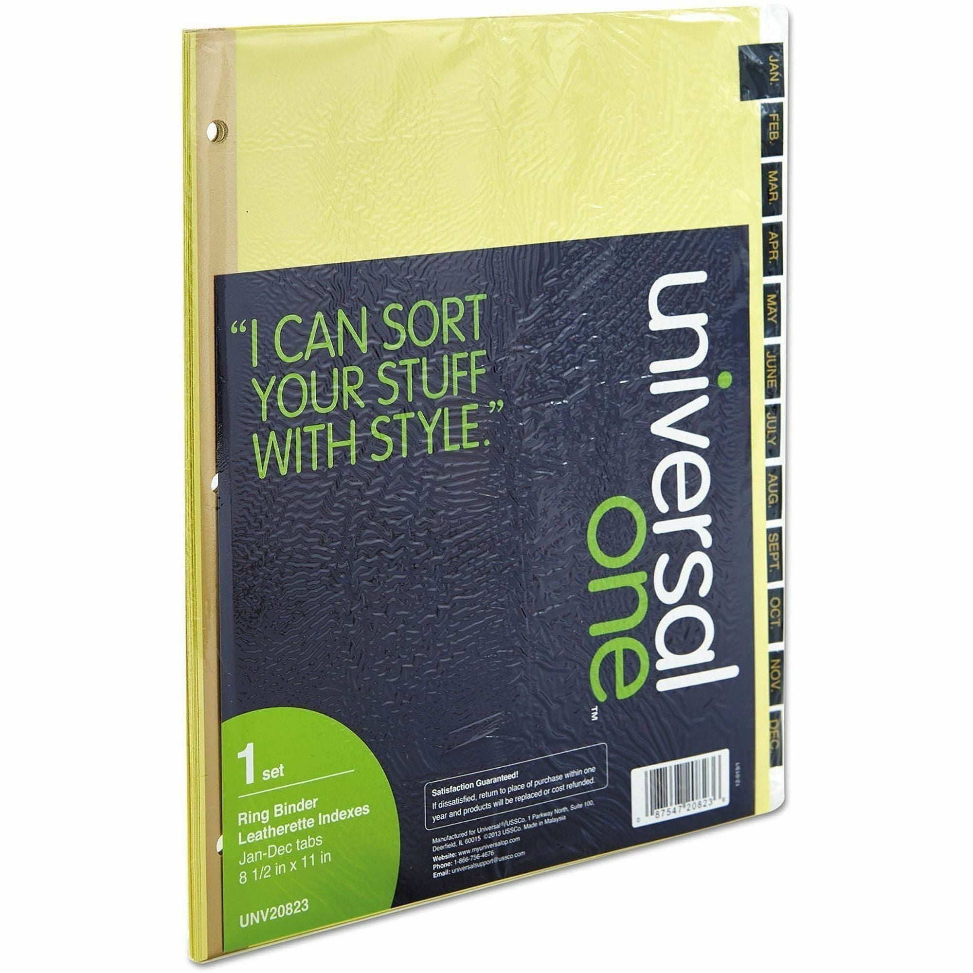 Universal Index Divider, 1 Set, 12 Printed Side Tabs (Jan-Dec), Letter Size 8.5" x 11", 3-Hole Punched, Buff Paper, Black Simulated Leather Tabs, Mylar Reinforced Edge, 20% Recycled Content