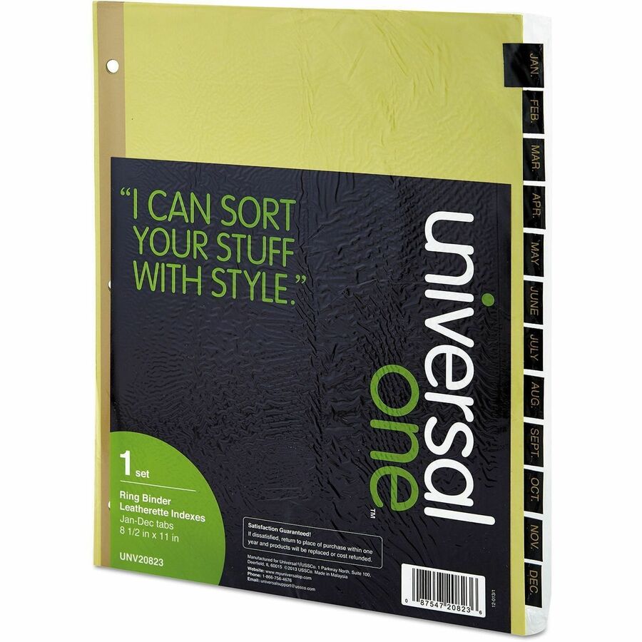 Universal Index Divider, 1 Set, 12 Printed Side Tabs (Jan-Dec), Letter Size 8.5" x 11", 3-Hole Punched, Buff Paper, Black Simulated Leather Tabs, Mylar Reinforced Edge, 20% Recycled Content