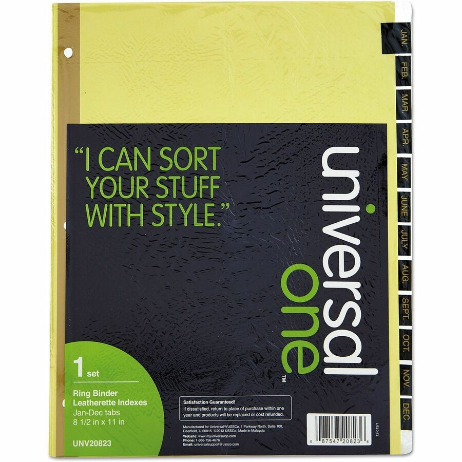 Universal Index Divider, 1 Set, 12 Printed Side Tabs (Jan-Dec), Letter Size 8.5" x 11", 3-Hole Punched, Buff Paper, Black Simulated Leather Tabs, Mylar Reinforced Edge, 20% Recycled Content