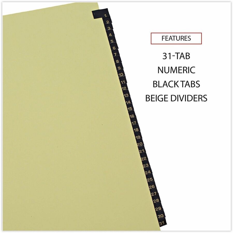 Universal Index Divider - 31 Printed Side Tab(s) - Digit - 1-31 - 8.5" Divider Width x 11" Divider Length - Letter - 3 Hole Punched - Buff Paper Divider - Black Simulated Leather Tab(s) - 20% Recycled - Mylar Reinforced Edge - 1 / Set