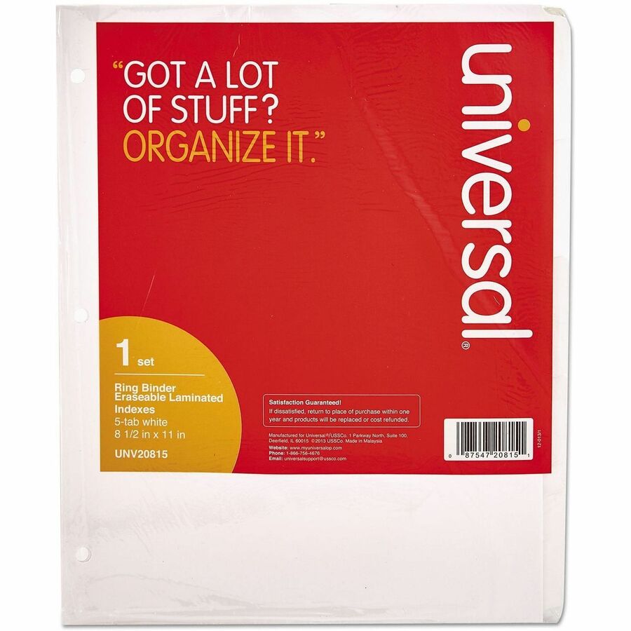 5 Side Tab(s) - 3 Hole Punched - White Paper Divider - White Paper Tab(s) - Customizable, Double-sided, Reinforced Edges, Laminated Tab - 1 Set