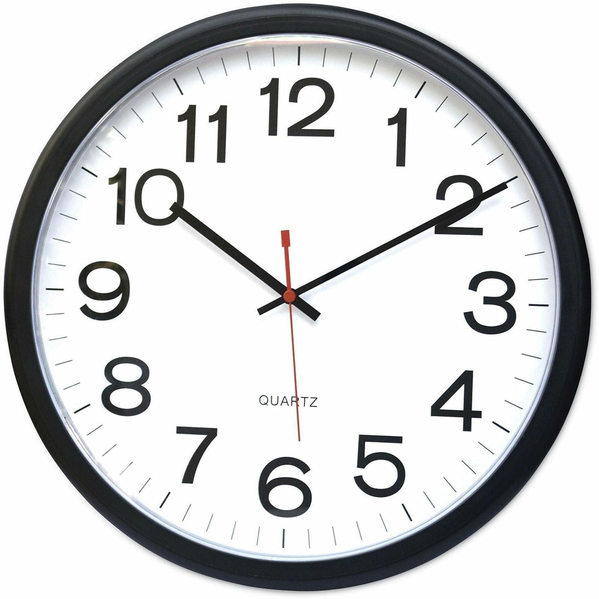 Universal Wall Clock, Analog, Quartz Movement, Black Plastic Case, Round, 13.5" Diameter, 1 Each