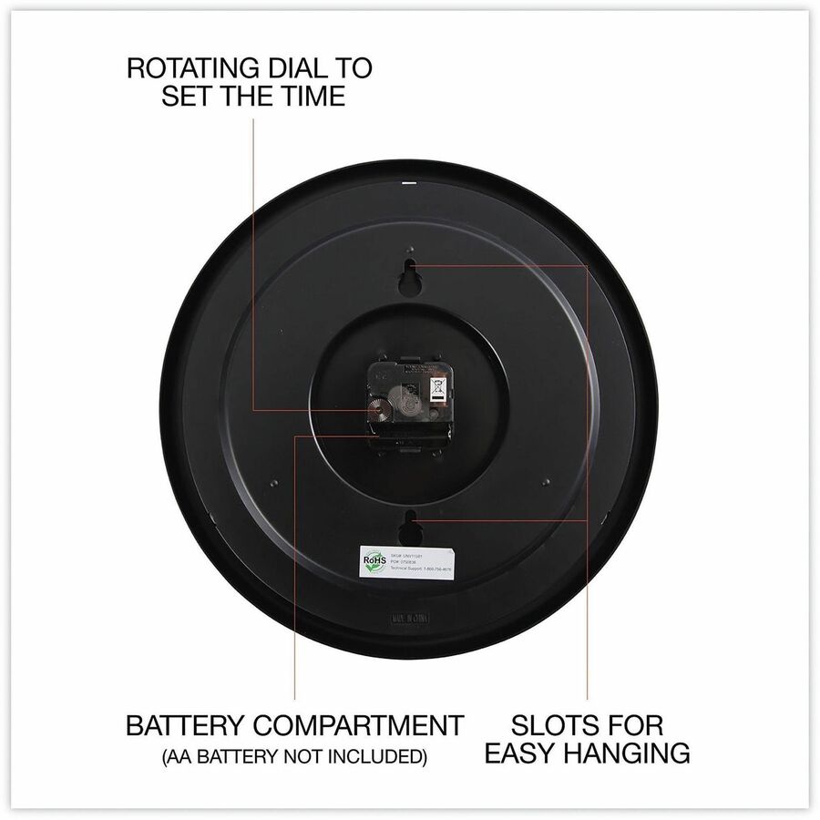 Universal Wall Clock, Analog, Quartz Movement, Black Plastic Case, Round, 13.5" Diameter, 1 Each