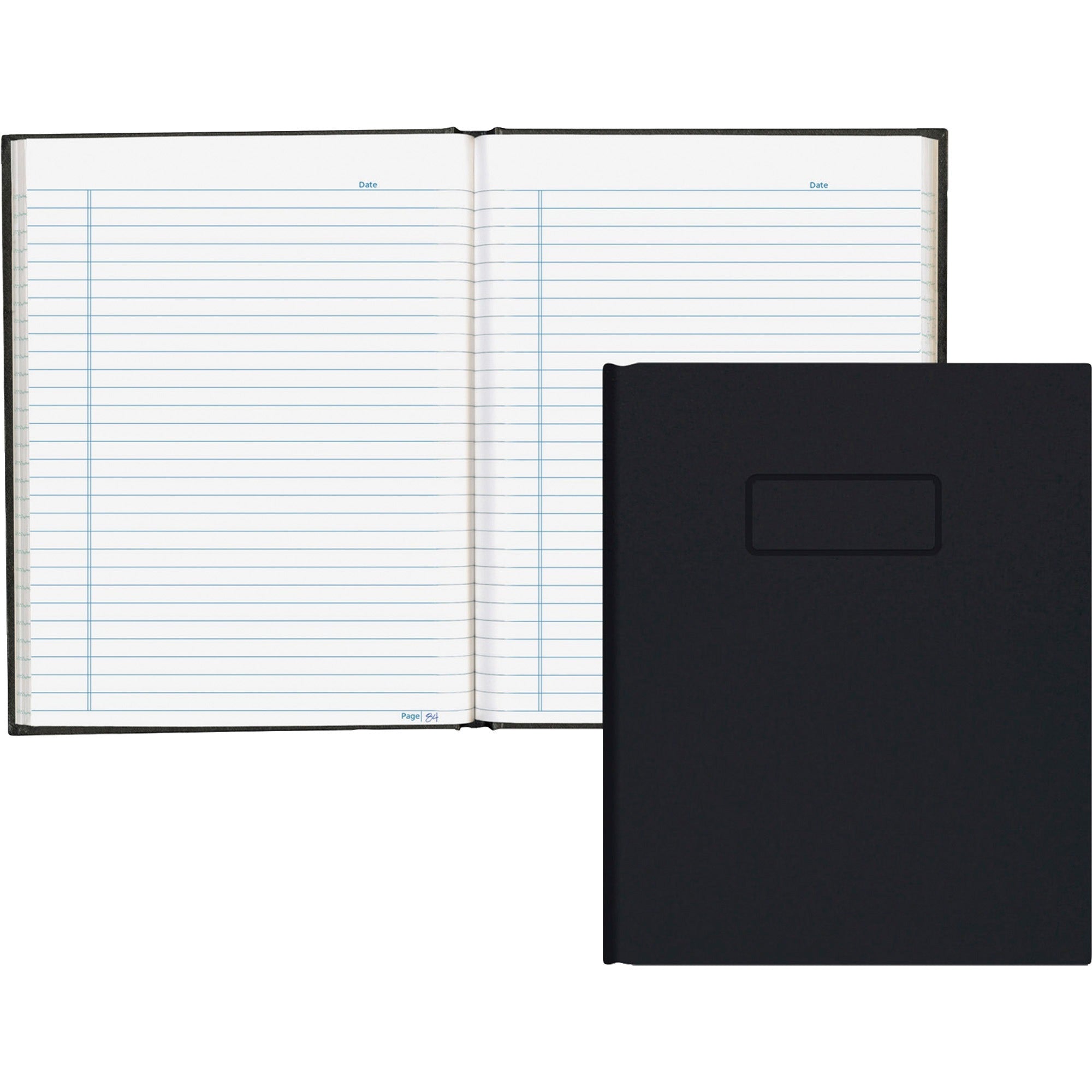 96 Sheets - 192 Pages - Perfect Bound - Ruled Blue Margin - 9 1/4" x 7 1/4" Sheet Size - White Paper - Black Cover - Hard Cover, Self-adhesive, Index Sheet - Recycled - 1 Each