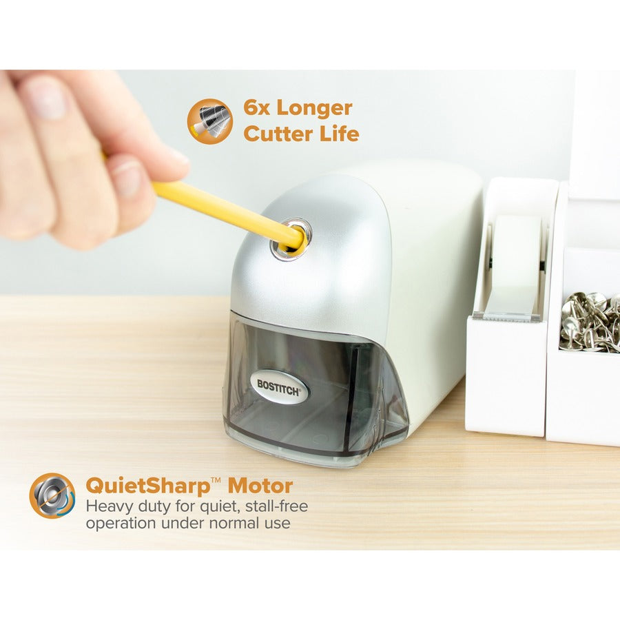 Bostitch QuietSharp Executive Electric Pencil Sharpener - Desktop - 1 Hole(s) - 3.5" Height x 7.5" Width x 4.3" Depth - Gray, Silver - 1 Each