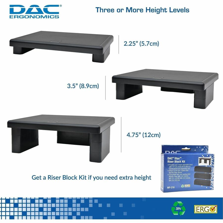 DAC&reg; Stax MP-107 Ergonomic Height-Adjustable Monitor Riser/Laptop Stand, Black