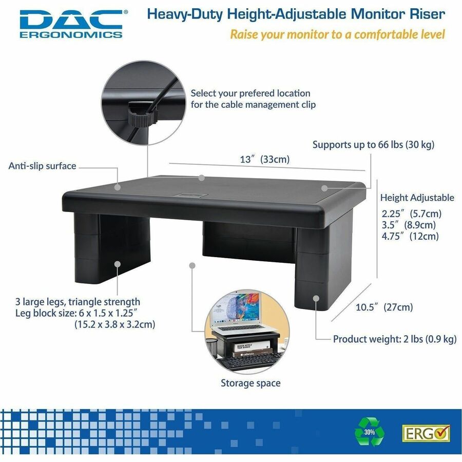 DAC&reg; Stax MP-107 Ergonomic Height-Adjustable Monitor Riser/Laptop Stand, Black