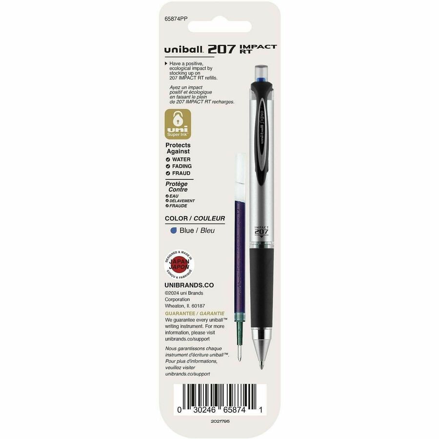uniball™ 207 Impact RT Gel Pen Refill - 1 mm , Bold Point - Blue Ink - Acid-free, Fade Proof, Water Proof, Super Ink - 2 / Pack