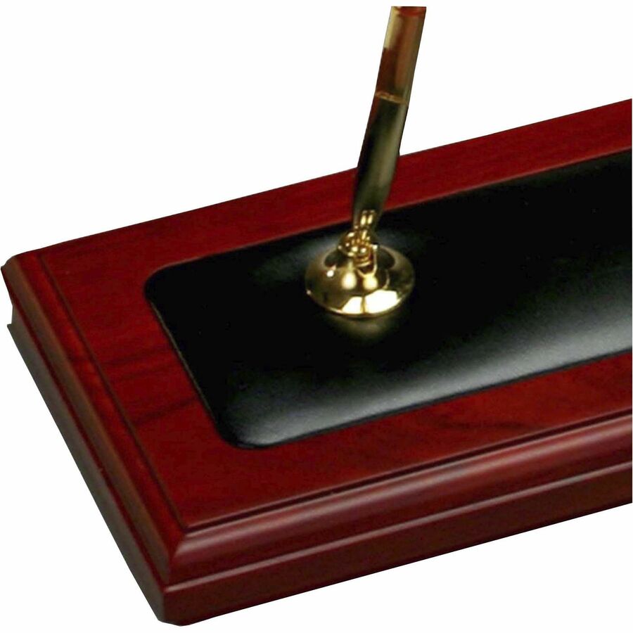 Dacasso Double Pen Stand - 1" Height x 4.3" Width x 9.3" Length - Leather, Rosewood - 1 Each