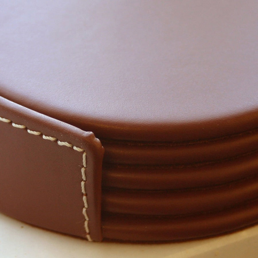 Dacasso Coaster Set with Holder - 4 Coaster of 4" Diameter - Circle - Brown - Leather - 1Each