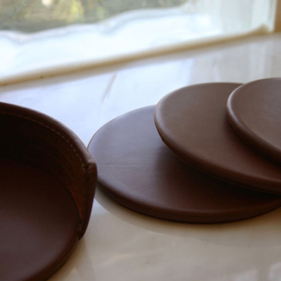 Dacasso Coaster Set with Holder - 4 Coaster of 4" Diameter - Circle - Brown - Leather - 1Each