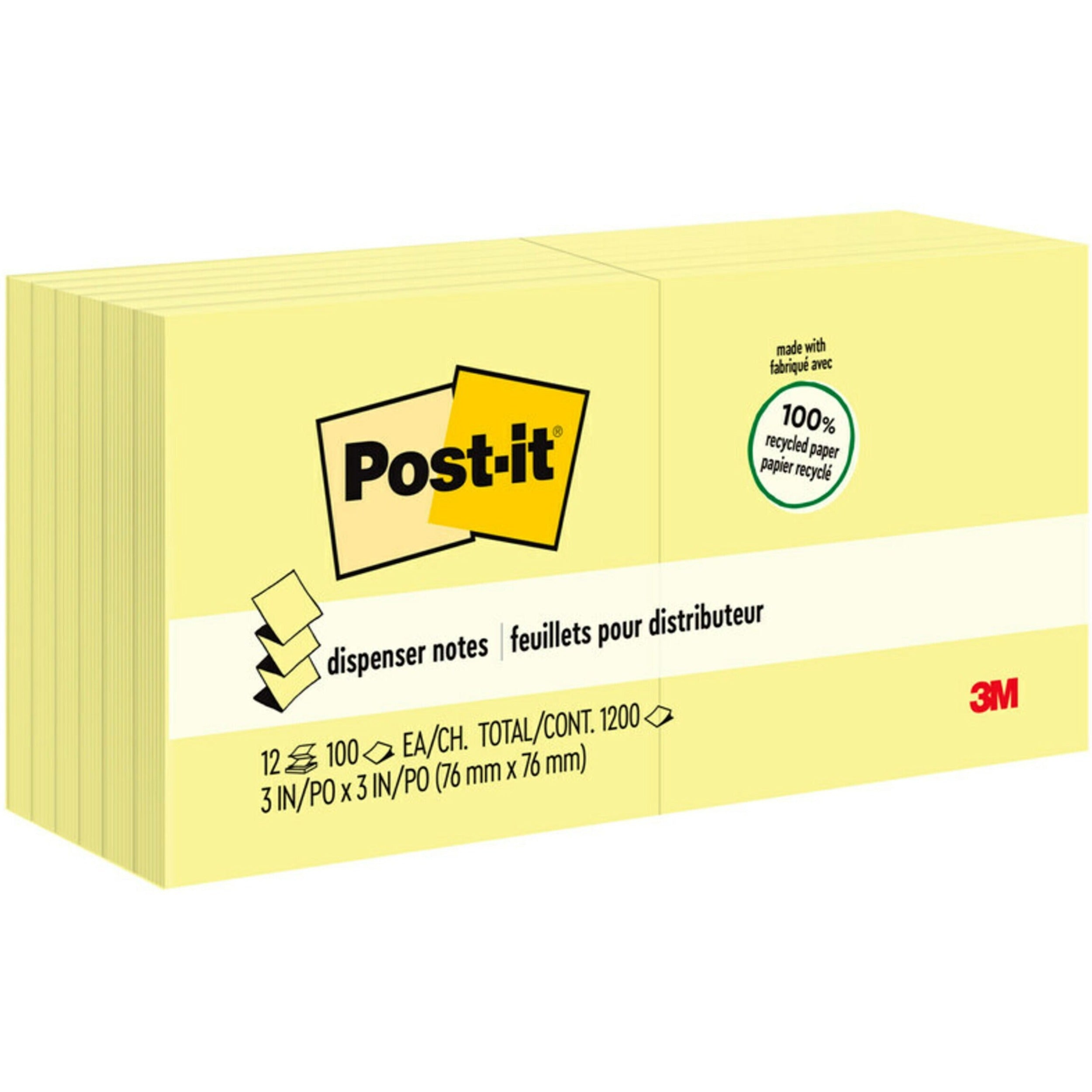 Post-it&reg; Greener Dispenser Notes - 1200 - 3" Flag/Note Width x 3" Flag/Note Length - Square - 100 Sheets per Pad - Unruled - Yellow - Paper - Self-adhesive, Repositionable, Non-smearing - Recycled - 1 Pack