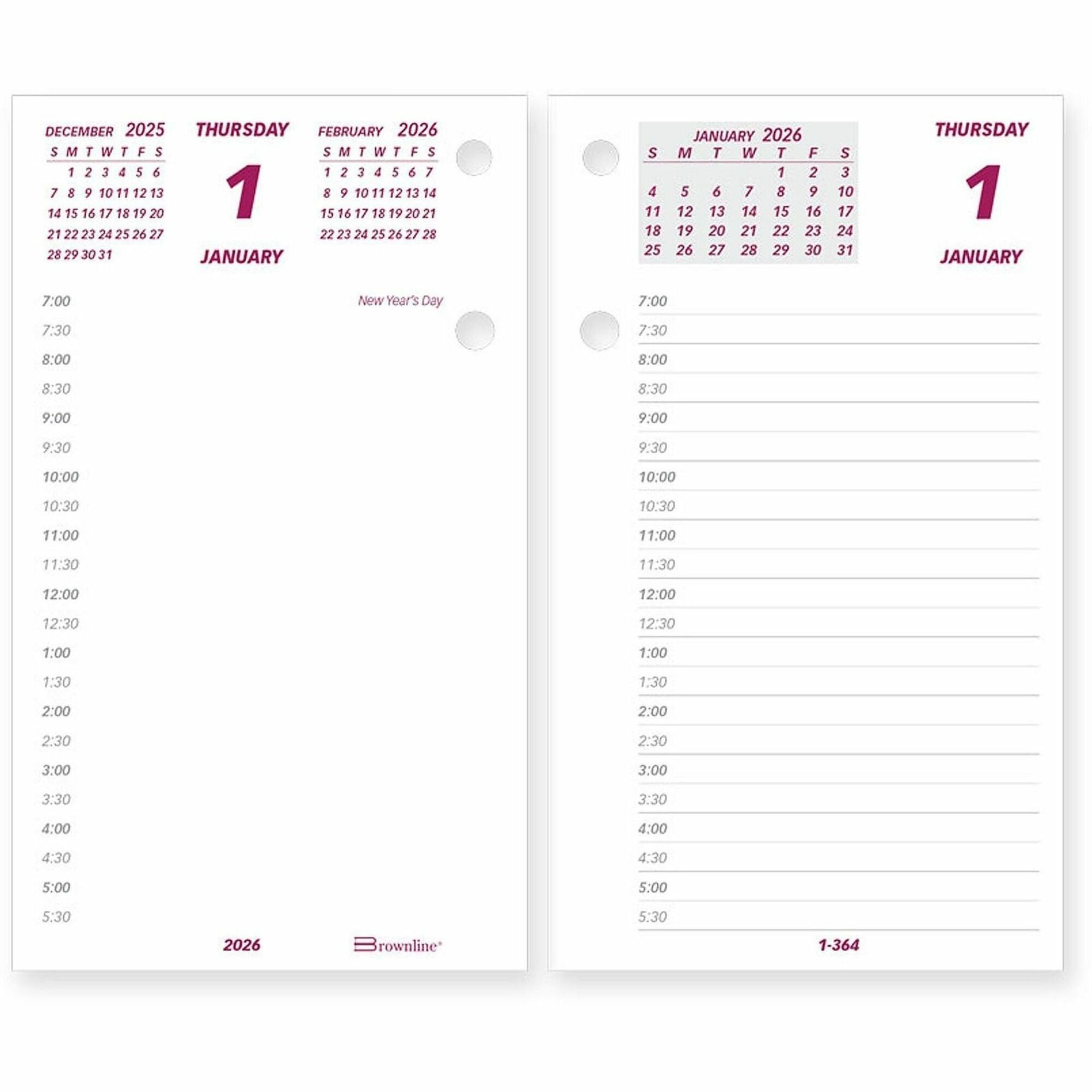 Daily - 12 Month - January 2026 to December 2026 - 7:00 AM to 6:30 PM - Half-hourly - 1 Day Double Page Layout - 6" x 3 1/2" Sheet Size - White - Paper - Reference Calendar, Unruled - 1 Each