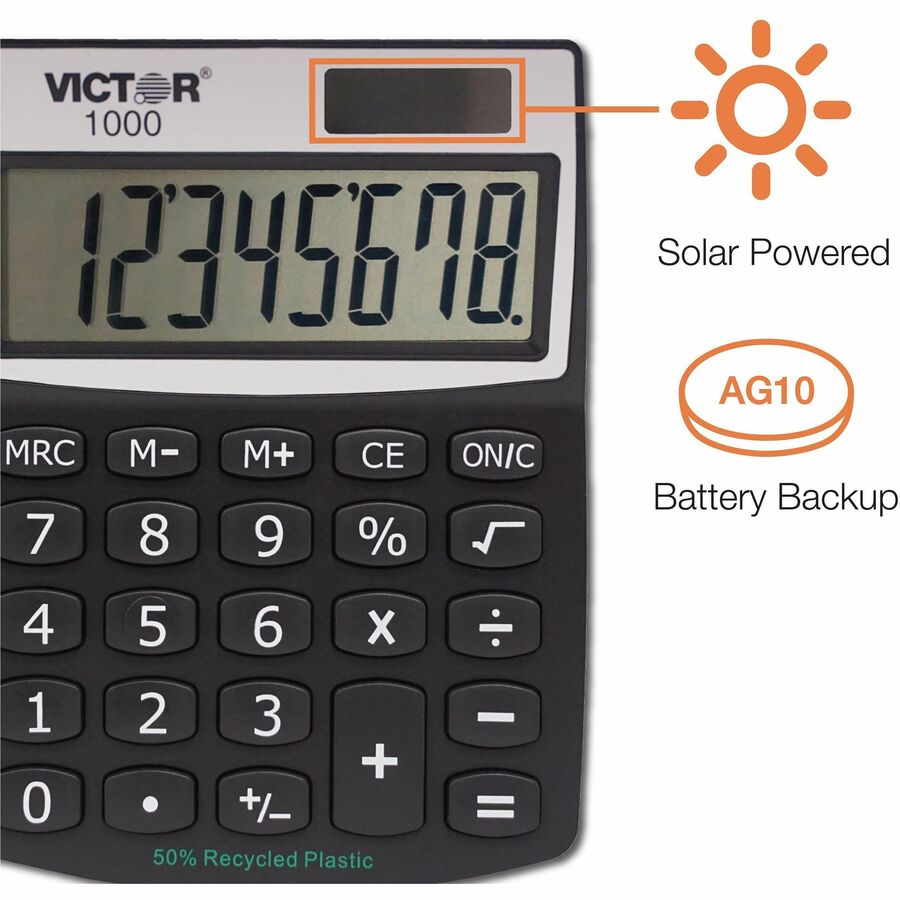 Large LCD, Battery Backup, Independent Memory, Plastic Key, Dual Power - 0.71" - 8 Digits - LCD - Battery/Solar Powered - 0.5" Height x 3.3" Width x 4.3" Depth - Black - Plastic - 1 Each