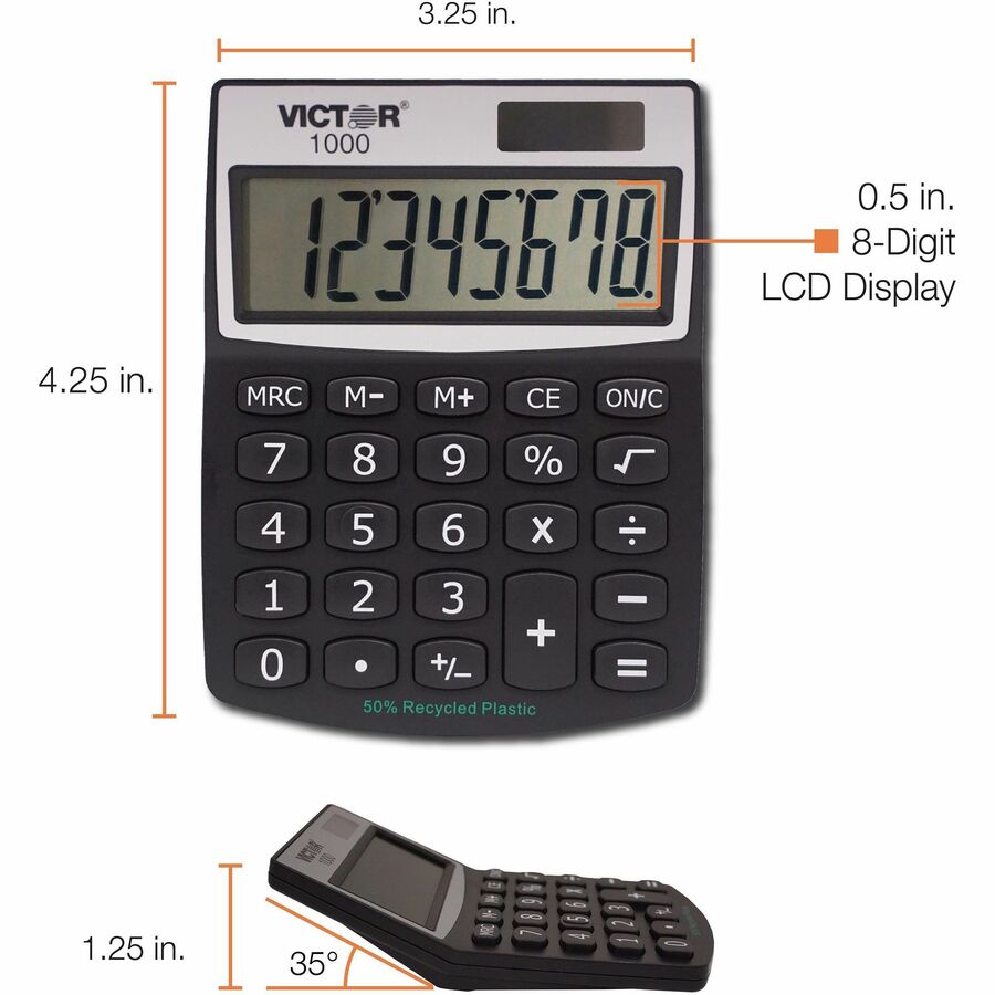 Large LCD, Battery Backup, Independent Memory, Plastic Key, Dual Power - 0.71" - 8 Digits - LCD - Battery/Solar Powered - 0.5" Height x 3.3" Width x 4.3" Depth - Black - Plastic - 1 Each