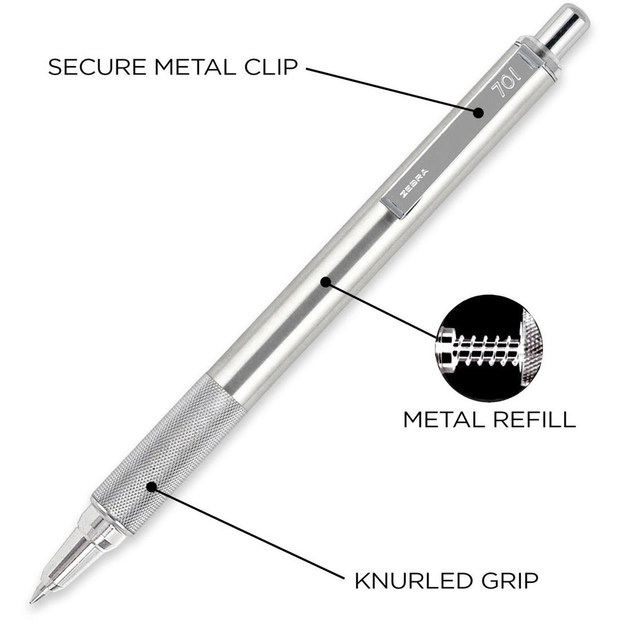 0.7 mm Fine Pen Point - Refillable - Retractable - Black Ink - Stainless Steel Barrel - 1 Each