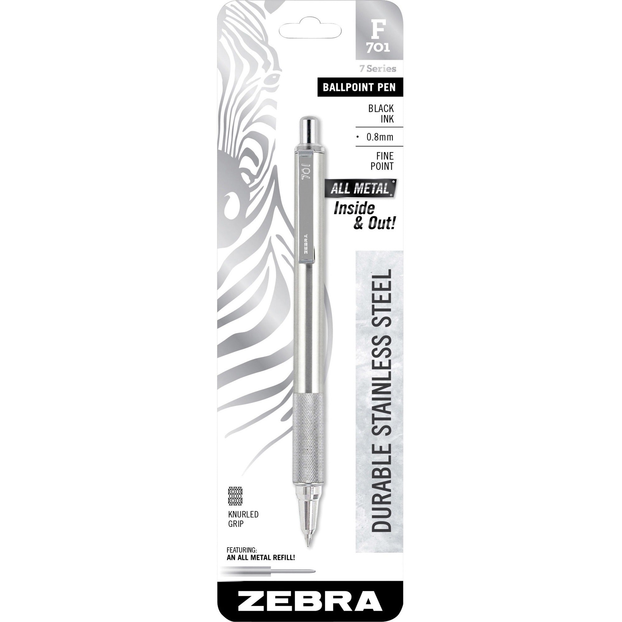 0.7 mm Fine Pen Point - Refillable - Retractable - Black Ink - Stainless Steel Barrel - 1 Each