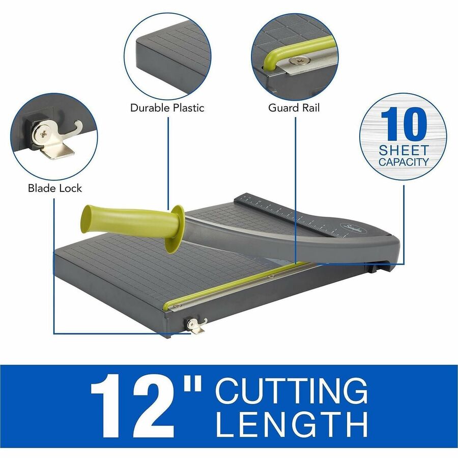 10 Sheet Cutting Capacity - 12" Cutting Length - 1.5" Height x 12.8" Width x 12" Length - Lightweight, Dual Scale Ruler, Alignment Grid, Safety Guard, Locking Latch, Non-slip Rubber Feet, Handle - Plastic - Graphite - 1 Each