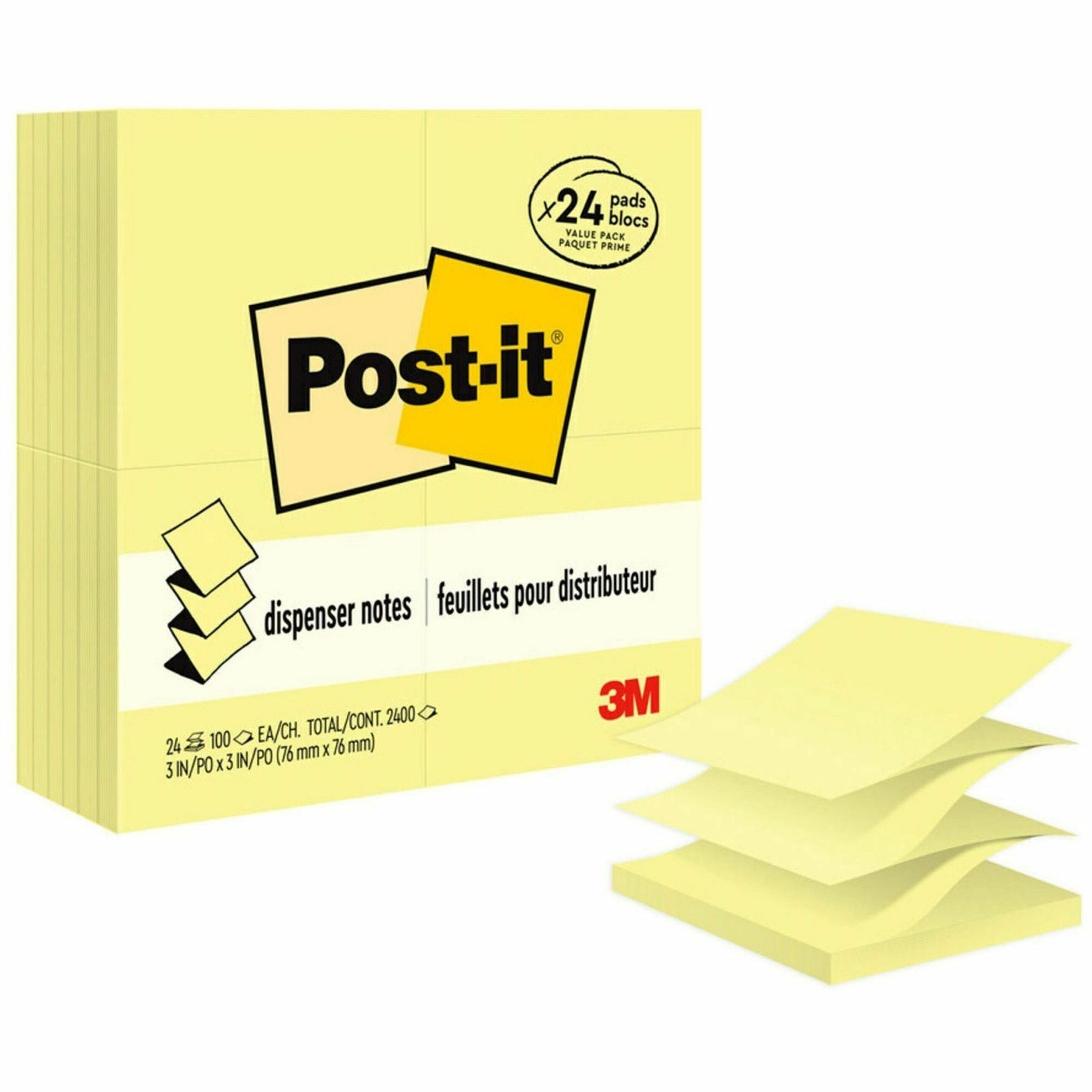 2400 - 3" Flag/Note Width x 3" Flag/Note Length - Square - 100 Sheets per Pad - Unruled - Canary Yellow - Paper - Self-adhesive, Repositionable - 24 / Pack