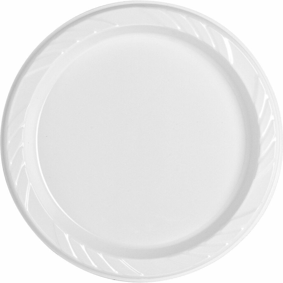 Genuine Joe 9" Reusable Plastic Plates - Serving - Disposable - 9" Diameter - White - Plastic Body - 125 / Pack