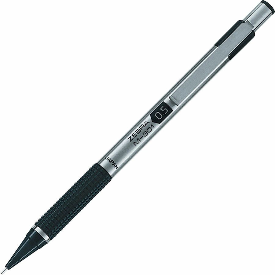 Zebra STEEL 3 Series M-301 Mechanical Pencil - 0.5 mm Lead - Refillable - Silver Stainless Steel, Black Barrel - 1 Each