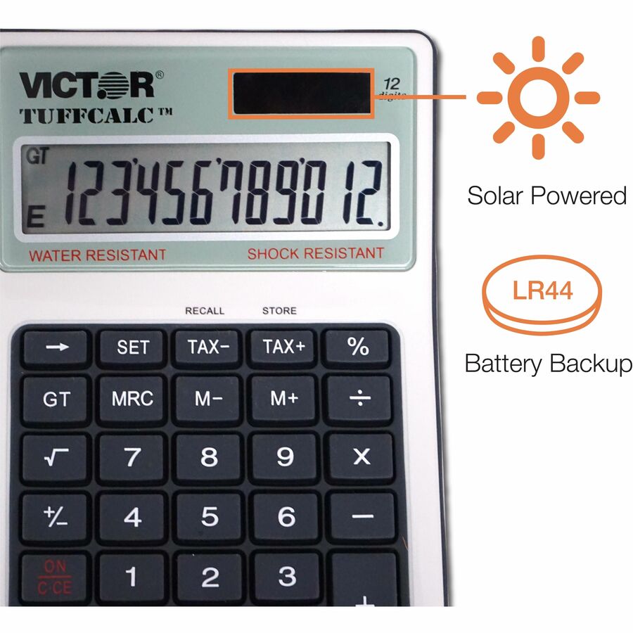 Extra Large Display, Angled Display, Water Proof, Shock Resistant, Battery Backup, 3-Key Memory, Independent Memory, Dual Power, Washable - Battery/Solar Powered - 1.8" Height x 4.6" Width x 6.5" Depth - White - 1 Each