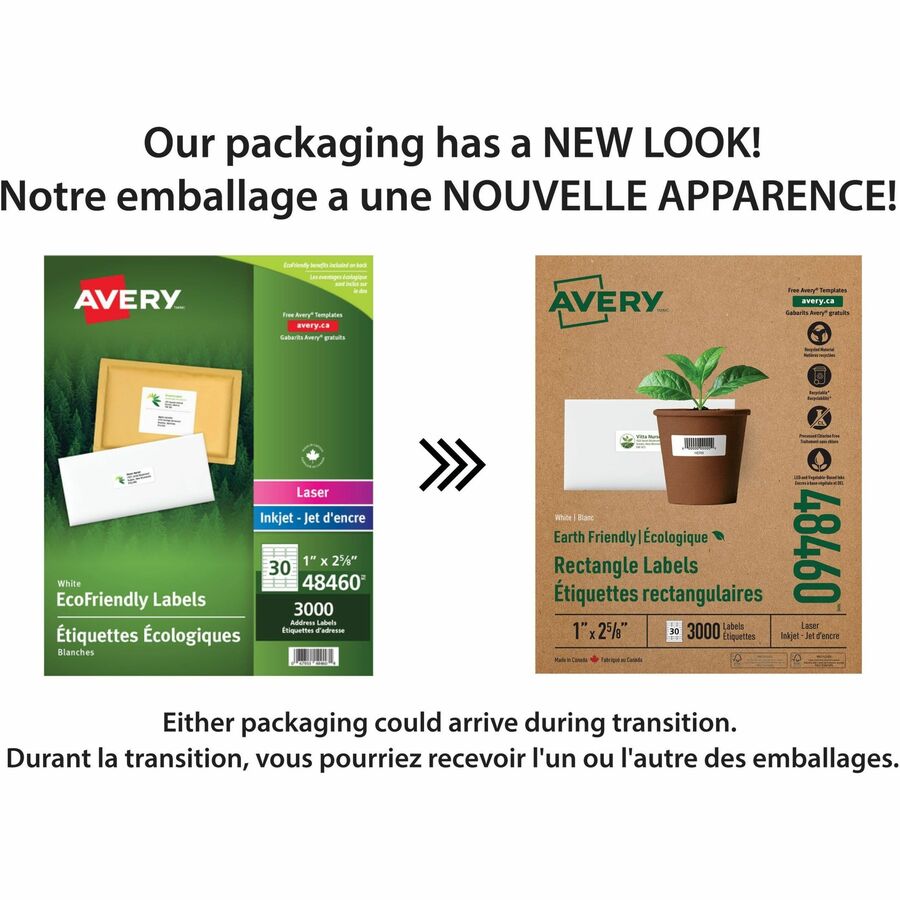 Avery Eco-Friendly Address Labels, 1" x 2 5/8", Matte White, Permanent Adhesive, Rectangle, 3000 Labels (30 Sheets), Recyclable, PVC-Free, Chlorine-Free, FSC Certified, For Inkjet & Laser Printers, 1 Box