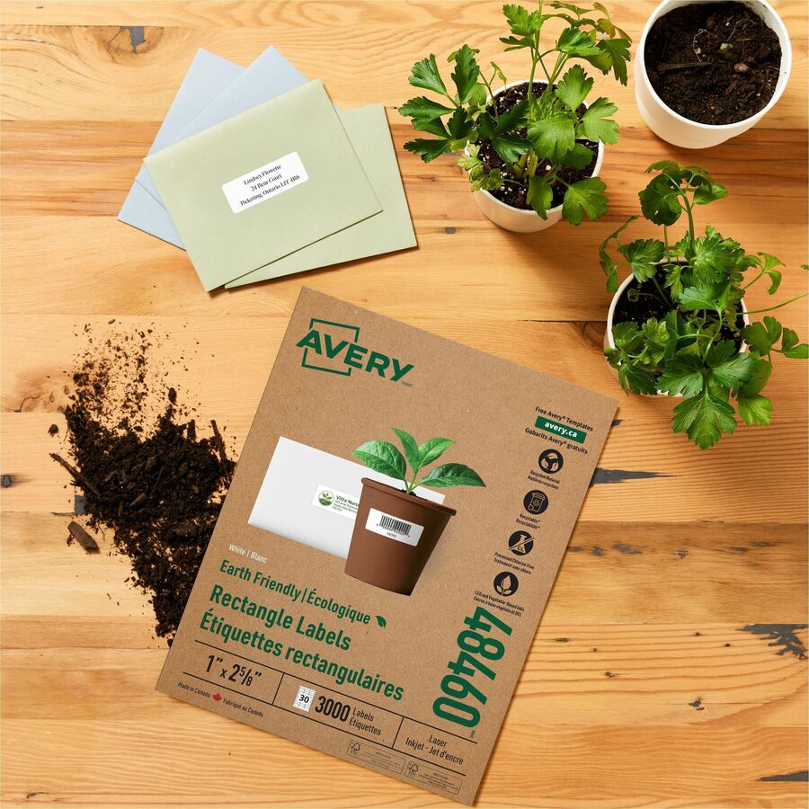 Avery Eco-Friendly Address Labels, 1" x 2 5/8", Matte White, Permanent Adhesive, Rectangle, 3000 Labels (30 Sheets), Recyclable, PVC-Free, Chlorine-Free, FSC Certified, For Inkjet & Laser Printers, 1 Box