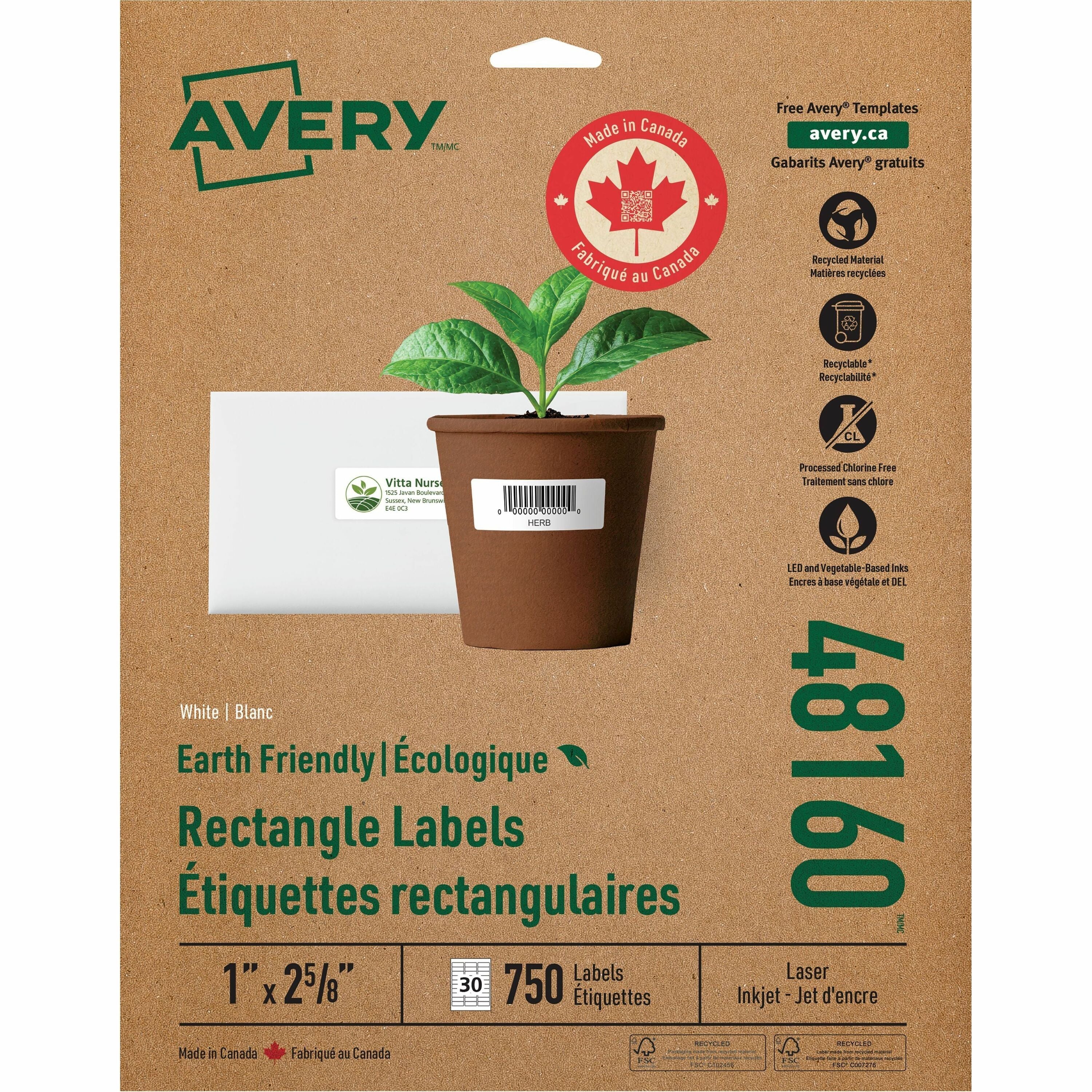 Avery Eco-Friendly Address Labels, 1" x 2 5/8", Matte White, Permanent Adhesive, 30 Labels/Sheet, 30 Sheets, 750 Labels/Box
