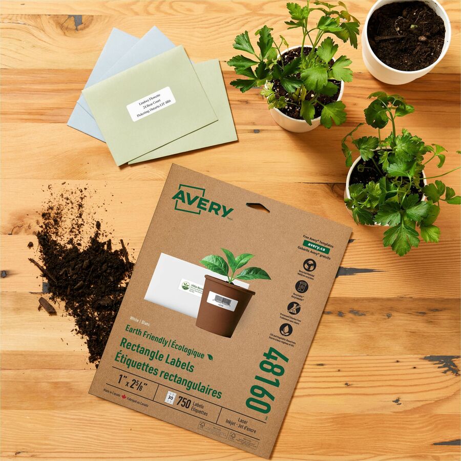 Avery Eco-Friendly Address Labels, 1" x 2 5/8", Matte White, Permanent Adhesive, 30 Labels/Sheet, 30 Sheets, 750 Labels/Box