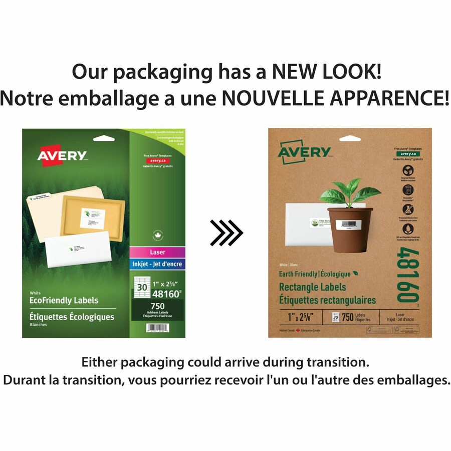 Avery Eco-Friendly Address Labels, 1" x 2 5/8", Matte White, Permanent Adhesive, 30 Labels/Sheet, 30 Sheets, 750 Labels/Box