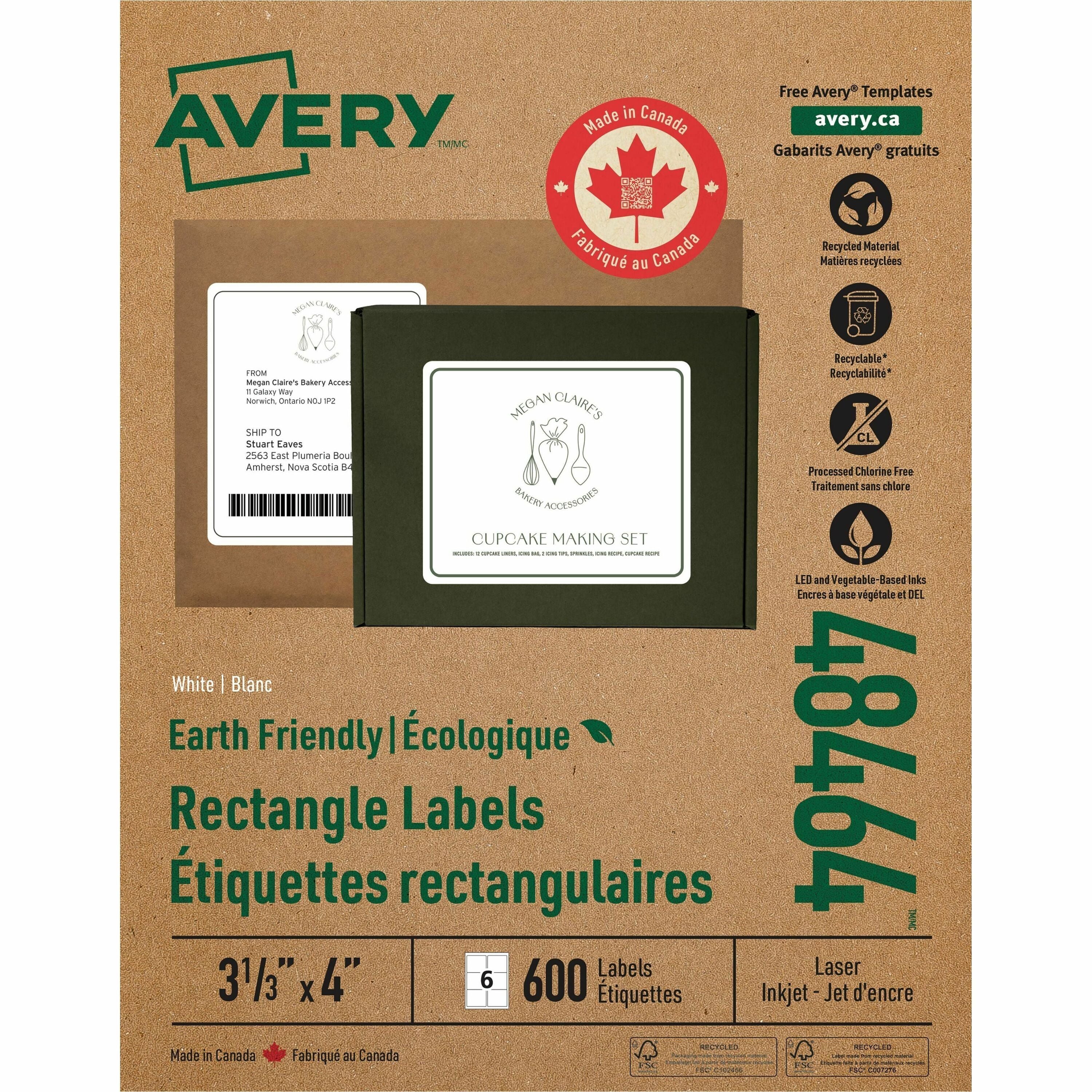 3 21/64" Width x 4" Length - Permanent Adhesive - Rectangle - Inkjet, Laser - Matte White - Matte - Paper - Recyclable, Permanent Adhesive, Customizable, Chlorine-free, Water Based - 6 / Sheet - 6 Total Sheets - 600 Total Label(s) - 1 Box