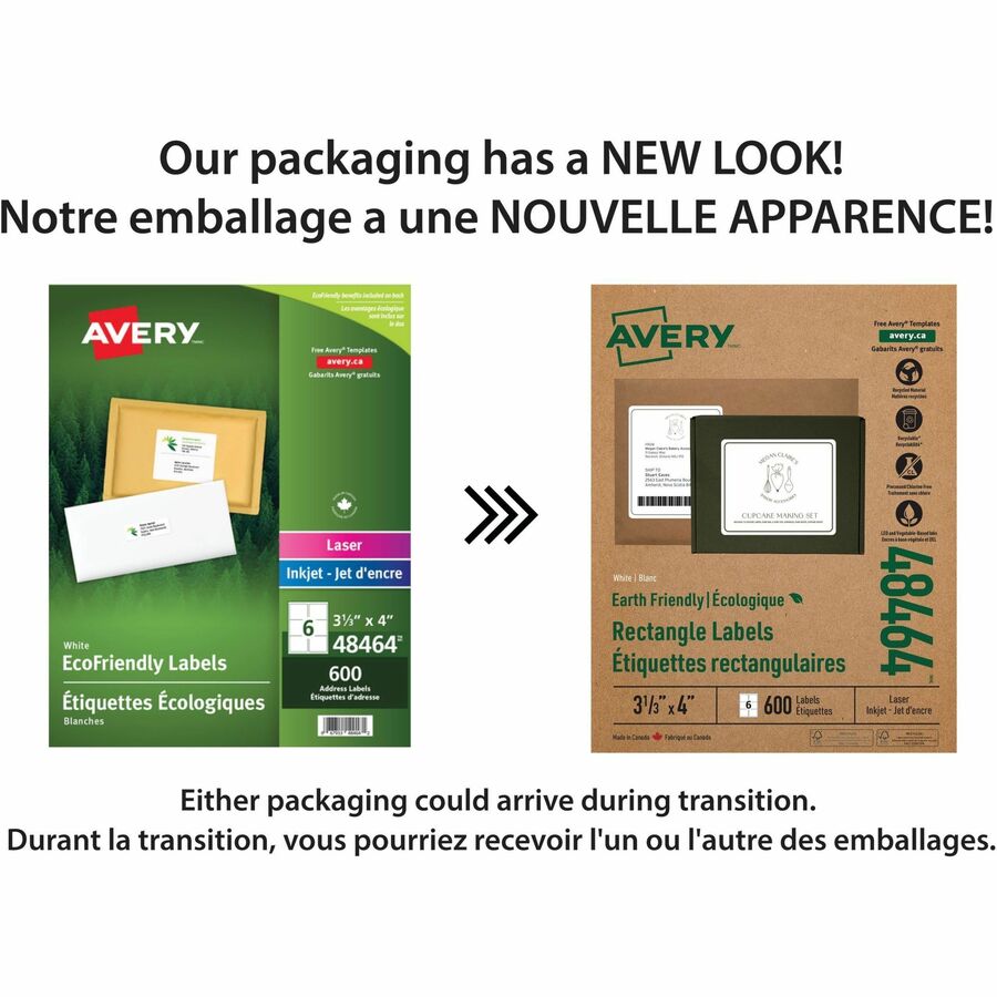 3 21/64" Width x 4" Length - Permanent Adhesive - Rectangle - Inkjet, Laser - Matte White - Matte - Paper - Recyclable, Permanent Adhesive, Customizable, Chlorine-free, Water Based - 6 / Sheet - 6 Total Sheets - 600 Total Label(s) - 1 Box