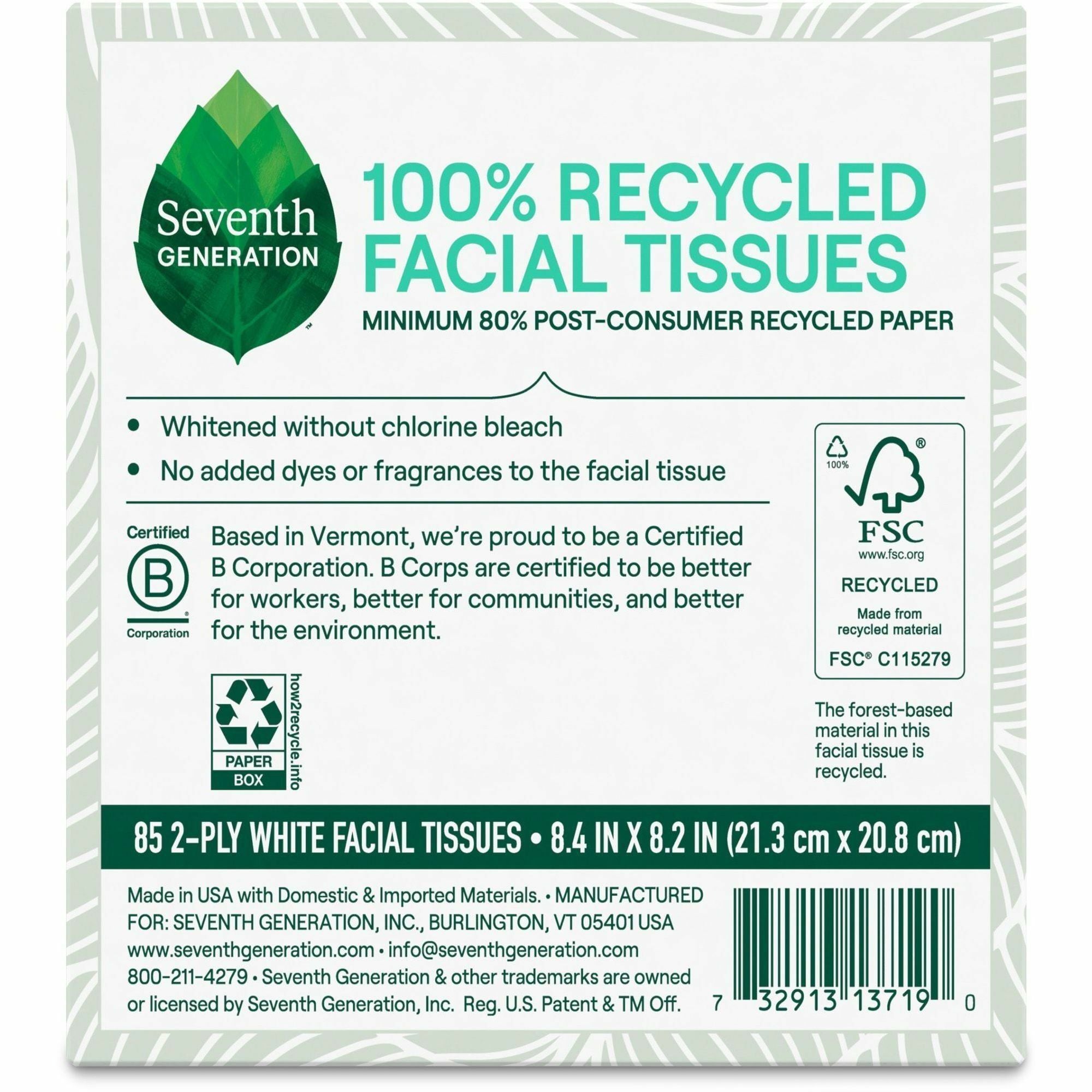 Seventh Generation 100% Recycled Facial Tissues - 2 Ply - White - Paper - 1 Box