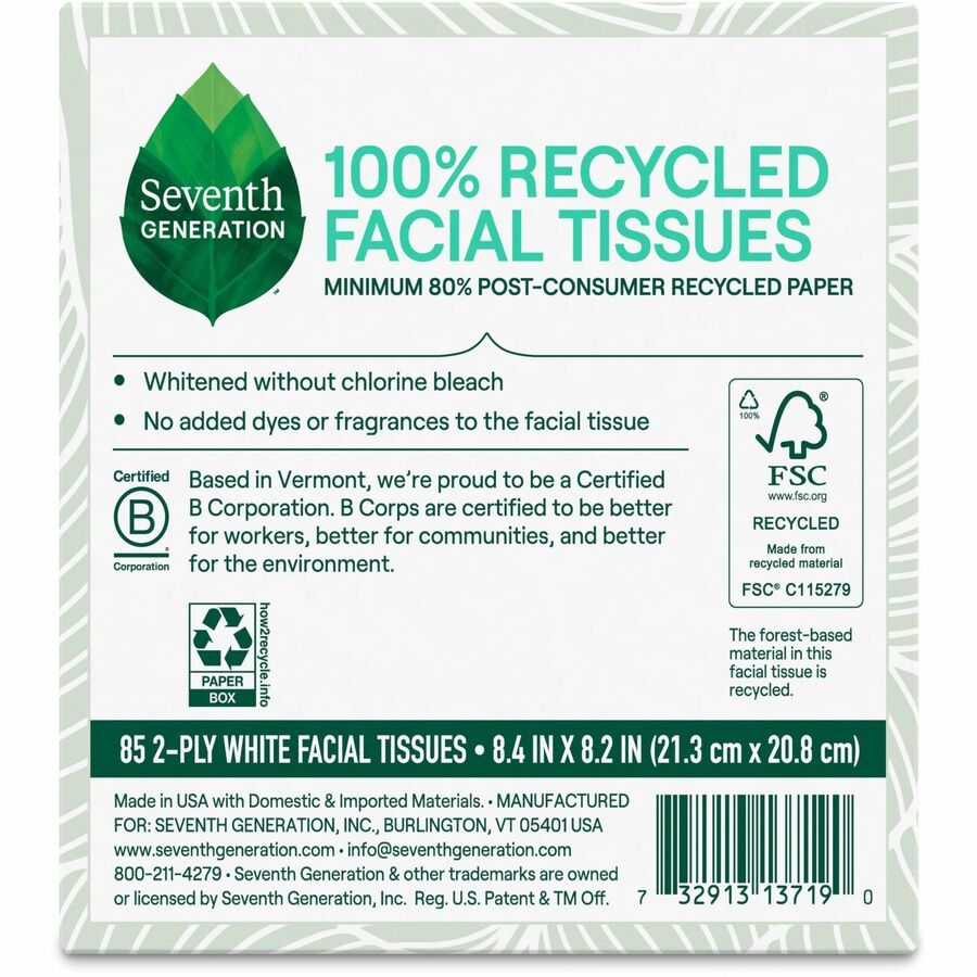 Seventh Generation 100% Recycled Facial Tissues - 2 Ply - White - Paper - 1 Box